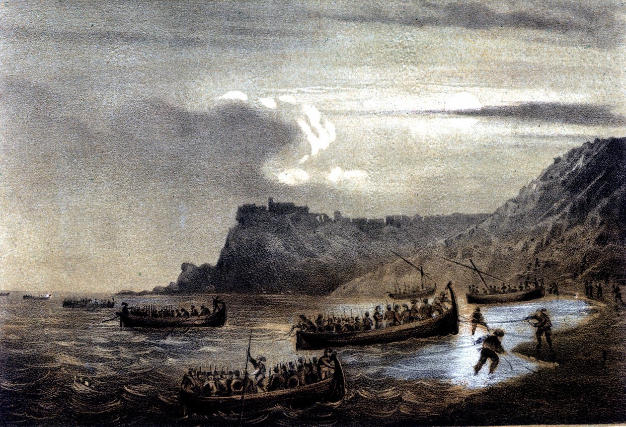 Italian yhdistyminen: Giuseppe Garibaldin (1807-1882) johtama Tuhannen tai punapaidan retkikunta. Ensimmäisen garibaldilaisen laivaston lähtö kohti Calabriaa Fort Stellasta. 1800-luvun litografia tekijältä Italian School