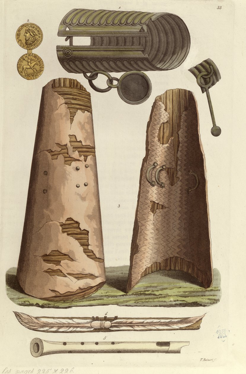 Erilaisia viikinkiesineet: pronssinen rannekoru, kultainen mitali riimukirjaimilla, kilvet, huilut. V. Rainerin kuvitus teoksesta "Le costume ancien ou moderne" J. Ferrario, Milano, n. 1820 (värillinen lito) tekijältä Italian School