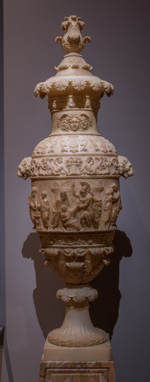 Maljakko, jossa on klassinen kohtaus: Polyxenan uhri, n. 1825 (alabasteri) tekijältä Italian School