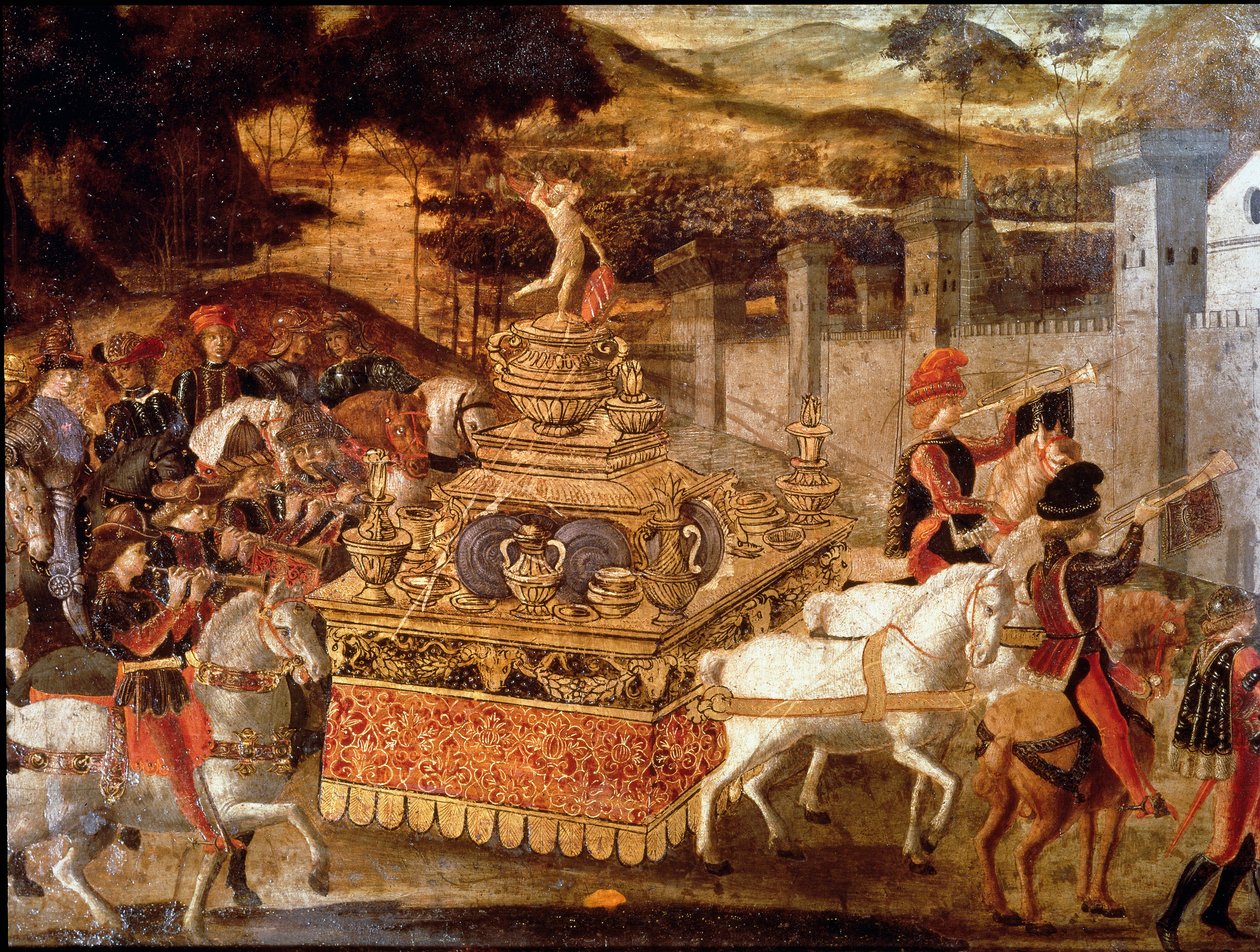 Lucius Aemilius Paulluksen tai makedonialaisen Paul Emilen (n. 230-160 eKr.) voitto Makedonian kuninkaan Perseestä Yksityiskohta kulkueesta ja voittovaunuista. 1400-luvun firenzeläisen koulukunnan maalaus. Pariisi, Musee Jacquemart Andre tekijältä Italian School