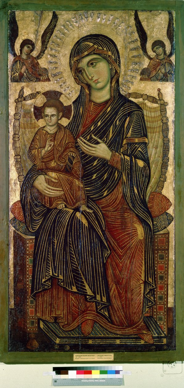 "Neitsyt ja lapsi valtaistuimella" (Neitsyt ja lapsi valtaistuimella) Jeesuksen Kristuksen sädekehä on merkitty ristillä. Pisalaisen taiteilijan anonyymi maalaus. Tempera puulla. noin 1280 Pushkin-museo, Moskova tekijältä Italian School