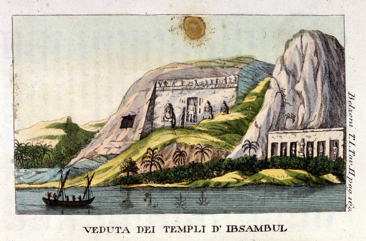 Näkymä Abu Simbelin temppelistä. Kirjailija Giovanni Battista (Gianbattista) Belzoni (1778-1823), italialainen tutkimusmatkailija ja arkeologi, on tehnyt tärkeitä arkeologisia löytöjä Egyptissä. Kaiverrus - "" Viaggio in Egitto e in Nubia"" Belzoni, Milano tekijältä Italian School