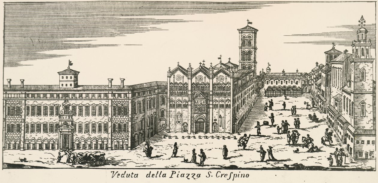 Näkymä Piazza San Crispinolle ja Ferraran katedraalille, kaiverrus, Italia tekijältä Italian School