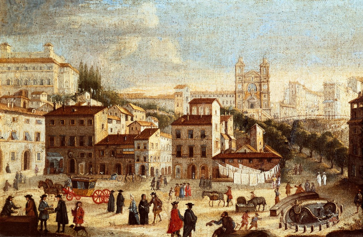 Näkymä Piazza di Spagnalle (Piazza di Spagna), jossa on kirkko Trinita dei Monti (Trinite des Monts) Roomassa (Näkymä Espanjan aukiolle ja Pyhän Kolminaisuuden kirkolle Roomassa) Roomalaisen koulun maalaus - 1600-luku (maalaus) tekijältä Italian School