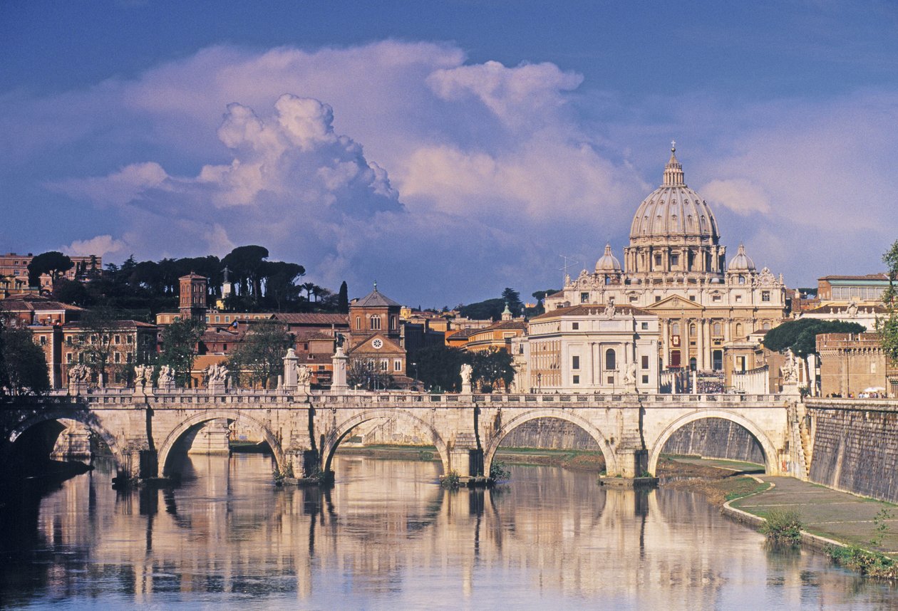 Näkymä Sant Angelon sillalle ja St Petersille Tiber-joen yli tekijältä Italian School
