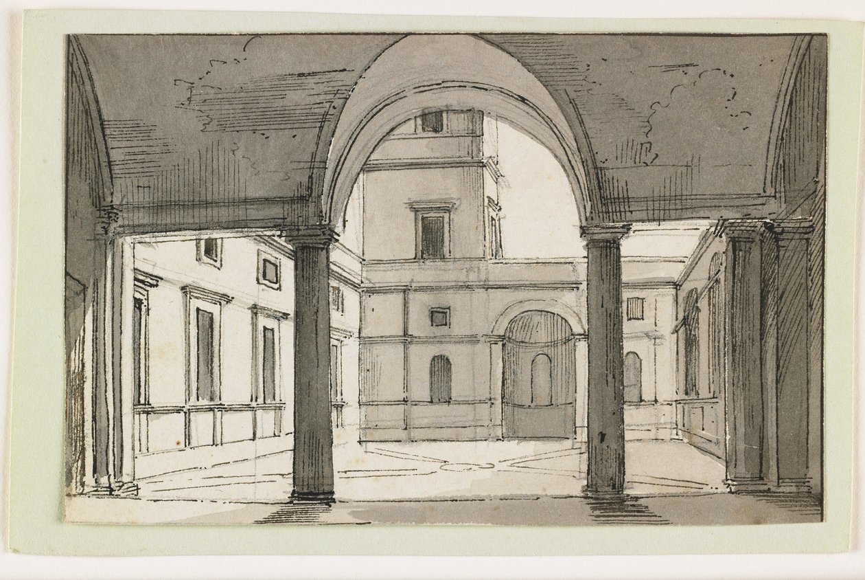 Näkymä italialaiselle pylväikkölle ja sisäpihalle, 1800-luvun alku (kynä ja ruskea muste ja harmaa pesu mustalla liidulla) tekijältä Italian School