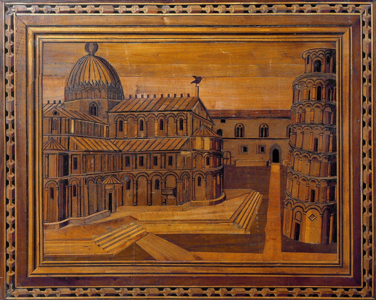 Näkymä Pisan katedraalille (Duomo di Santa Maria Assunta di Pisa) ja kaltevalle tornille (Torre-riipus) Ihmeaukiolla (Piazza dei Miracoli) 1400-luvun marquetry. Säilytetty Pisan katedraalin presbyteriassa tekijältä Italian School