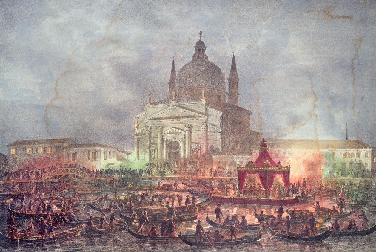 Näkymä Chiesa del Redentorelle ja veneille karnevaalipäivänä tekijältä Italian School