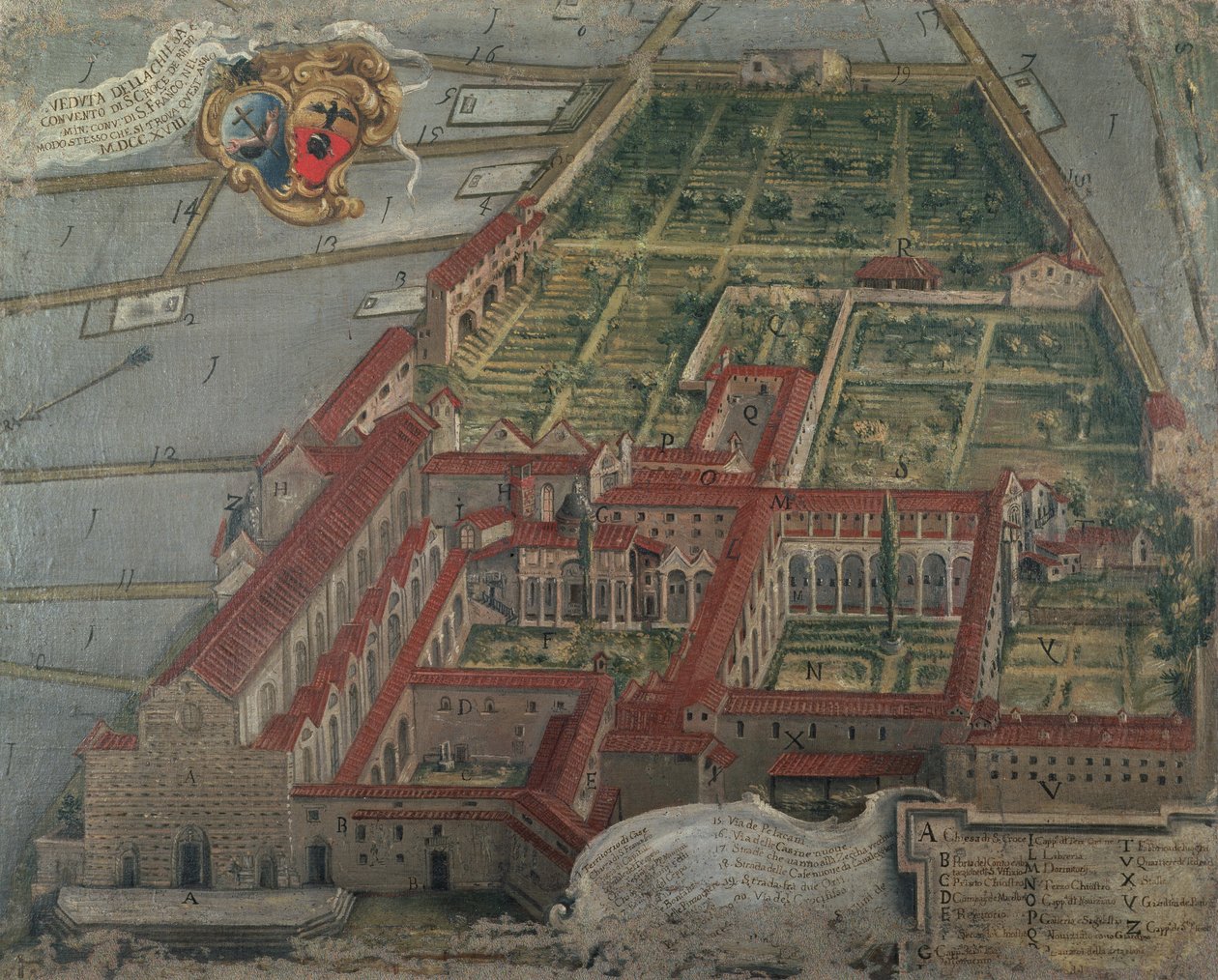 Näkymä Santa Crocen kirkolle ja luostarille vuonna 1718 tekijältä Italian School