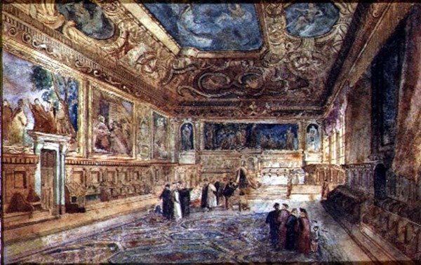 Näkymä Venetsian Dogen palatsin sisäpihasta, n. 1840 (akvarelli velumilla) tekijältä Italian School