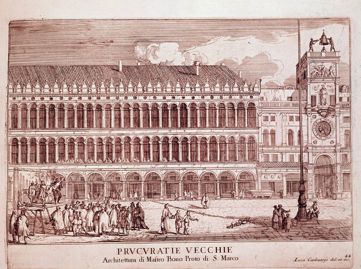 Näkymä Procuracy Vecchiestä Pyhän Markuksen aukiolla Venetsiassa Kaiverrus 1703 Venetsia, Museo Correr tekijältä Italian School