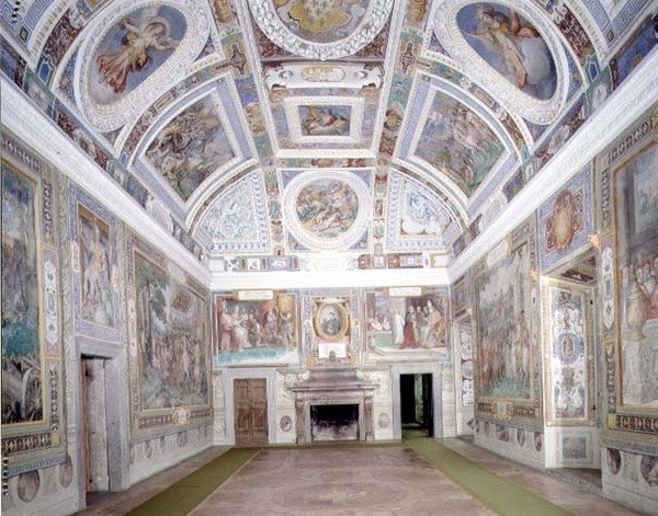 Näkymä "Sala dei Fasti Farneselle" (Farnesen loistosali), jonka on suunnitellut Onofrio Panvinio ja maalannut Taddeo (1529-66) ja Federico Zuccaro (1540-1609) 1557-83 (fresko) tekijältä Italian School