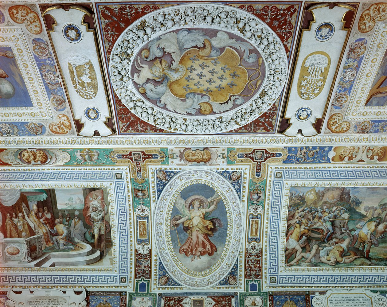 Näkymä Sala dei Fasti Farneselle (Farnesen loistosali), jonka on suunnitellut Onofrio Panvinio ja maalannut Taddeo (1529-66) ja Federico Zuccaro (1540-1609) 1557-83 (yksityiskohta) tekijältä Italian School