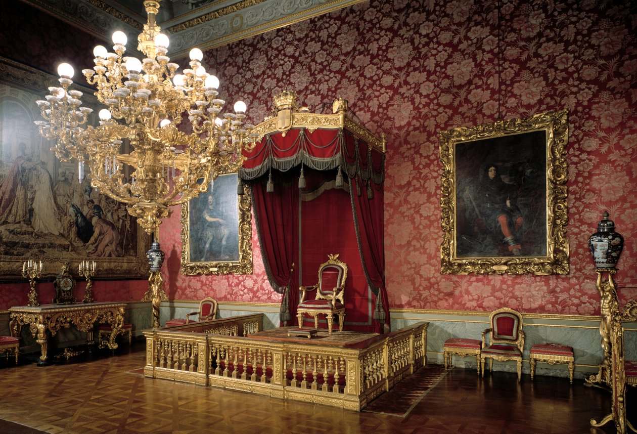 Näkymä valtaistuinhuoneeseen tai Chamberlains-huoneeseen 1800-luvun Royal Apartments, Palazzo Pitti, Firenze Italia tekijältä Italian School