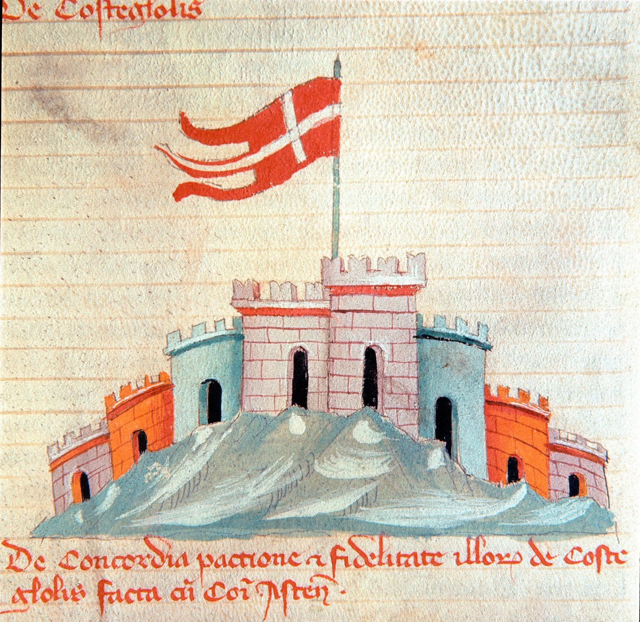 Näkymä Castiglionen linnasta Toscanassa Miniatyyri "Codex Astensis" (tai Malabayla), kronikoista Astin kaupungista vuosien 1065 ja 1353 välillä. 1300-luku. Säilytä Astin kaupunginjohtajassa tekijältä Italian School