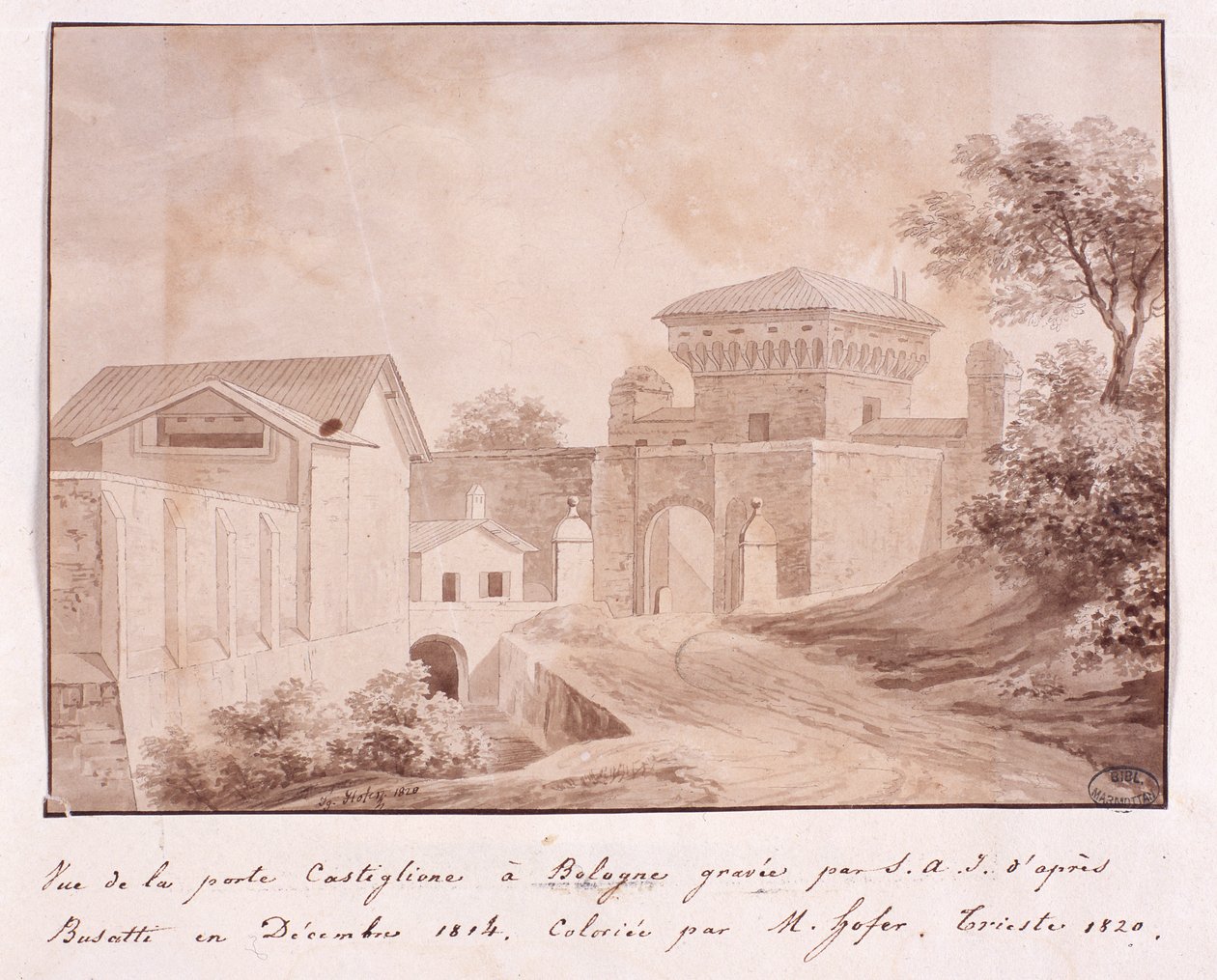Näkymä Castiglionen portille Bolognassa, kaiverrettu S.A.I. Busatin jälkeen, joulukuu 1814 (värikaiverrus) tekijältä Italian School