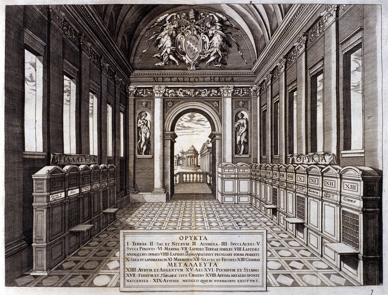 Näkymä Vatikaanin kasvitieteellisen puutarhan hoitajan Michele Mercatin (1541-1595) museosta. Kaiverrus "Metallotheca..." Roomasta 1717 - 1719 tekijältä Italian School
