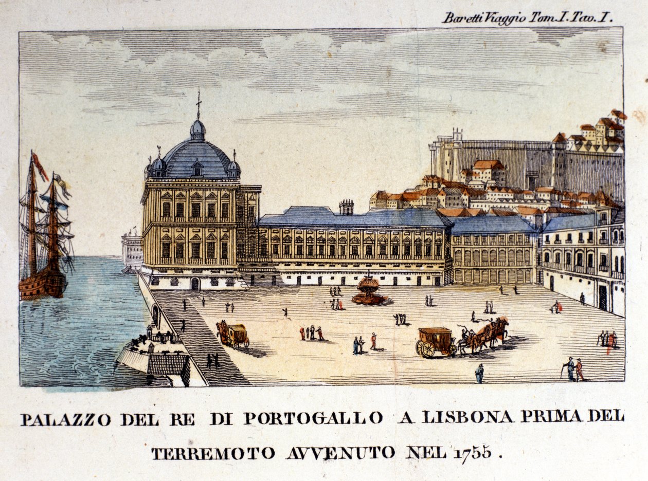 Näkymä kuninkaallisesta palatsista Lissabonissa ennen vuoden 1755 maanjäristystä. tekijältä Italian School