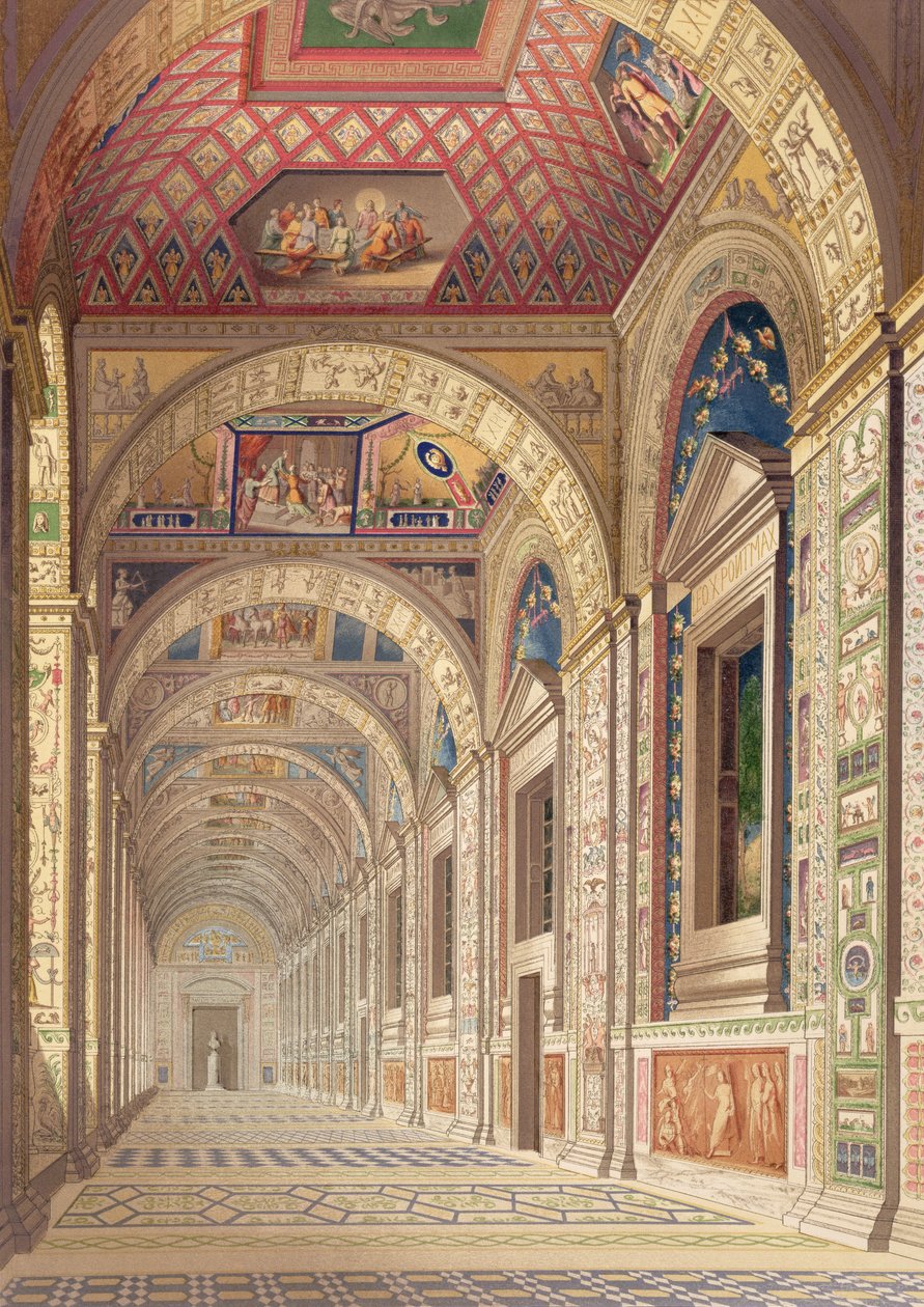 Näkymä toisen kerroksen Loggiasta Vatikaanissa, Raphaelin koristelu, Delle Loggie di Rafaele nel Vaticanosta, julkaistu irtolehtenä vuoden 1814 painoksessa (käsinvärinen kaiverrus) tekijältä Italian School