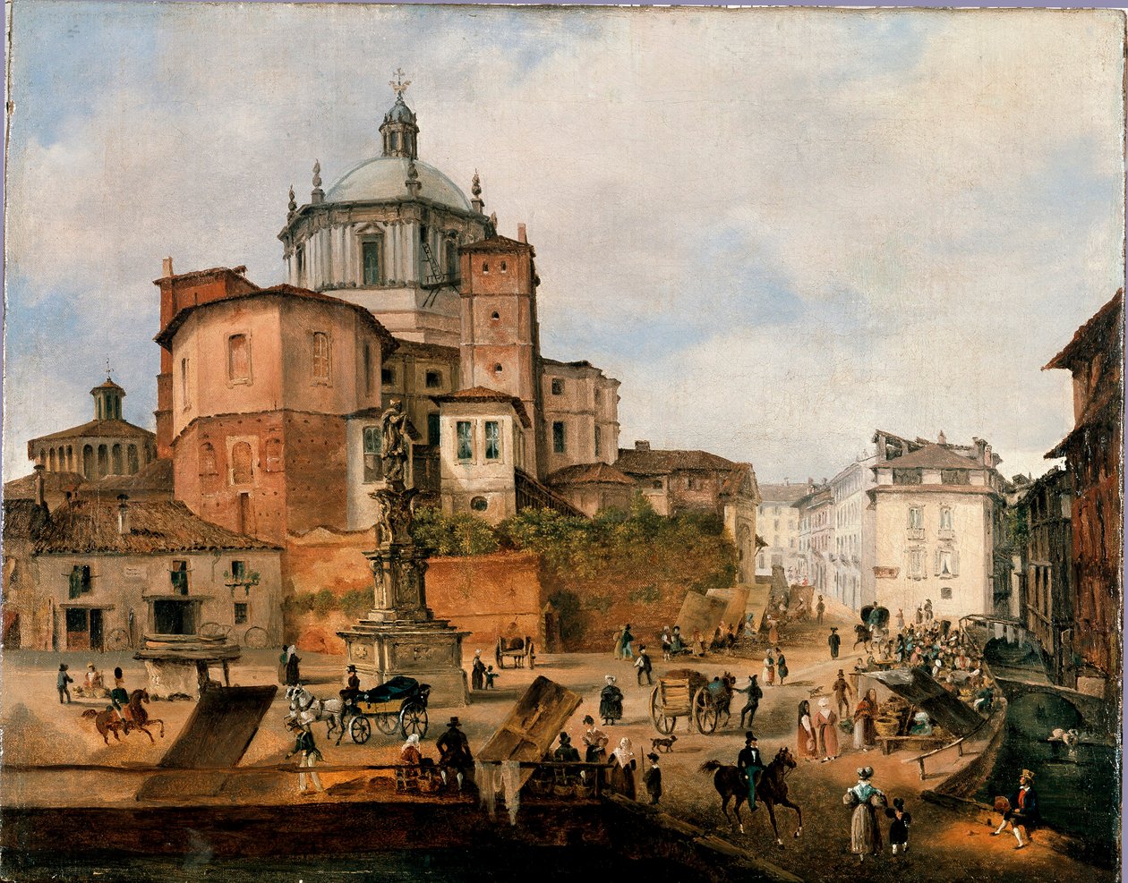 Näkymä Vetra-aukiolle ja San Lorenzo Anonymousin basilikan apsidille. 1800-luvun loppu. Milano, Milanon museo tekijältä Italian School