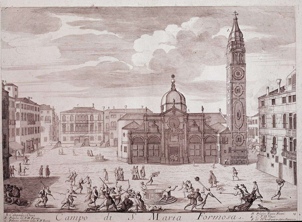 Näkymä Santa Maria Formosa Venetsian kirkon aukiolle. Kaiverrus "Teatro di Veneziasta" 1700-luvun Venetsia, Museo Correr tekijältä Italian School