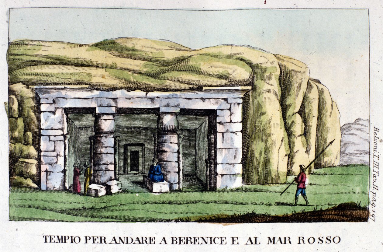 Näkymä temppelistä, joka sijaitsee matkalla Bereniceen tänään Bengasiin ja Punaisellemerelle. Kirjailija Giovanni Battista (Gianbattista) Belzoni (1778-1823) on italialainen tutkimusmatkailija ja arkeologi, joka on tehnyt tärkeitä arkeologisia löytöjä Egyp tekijältä Italian School