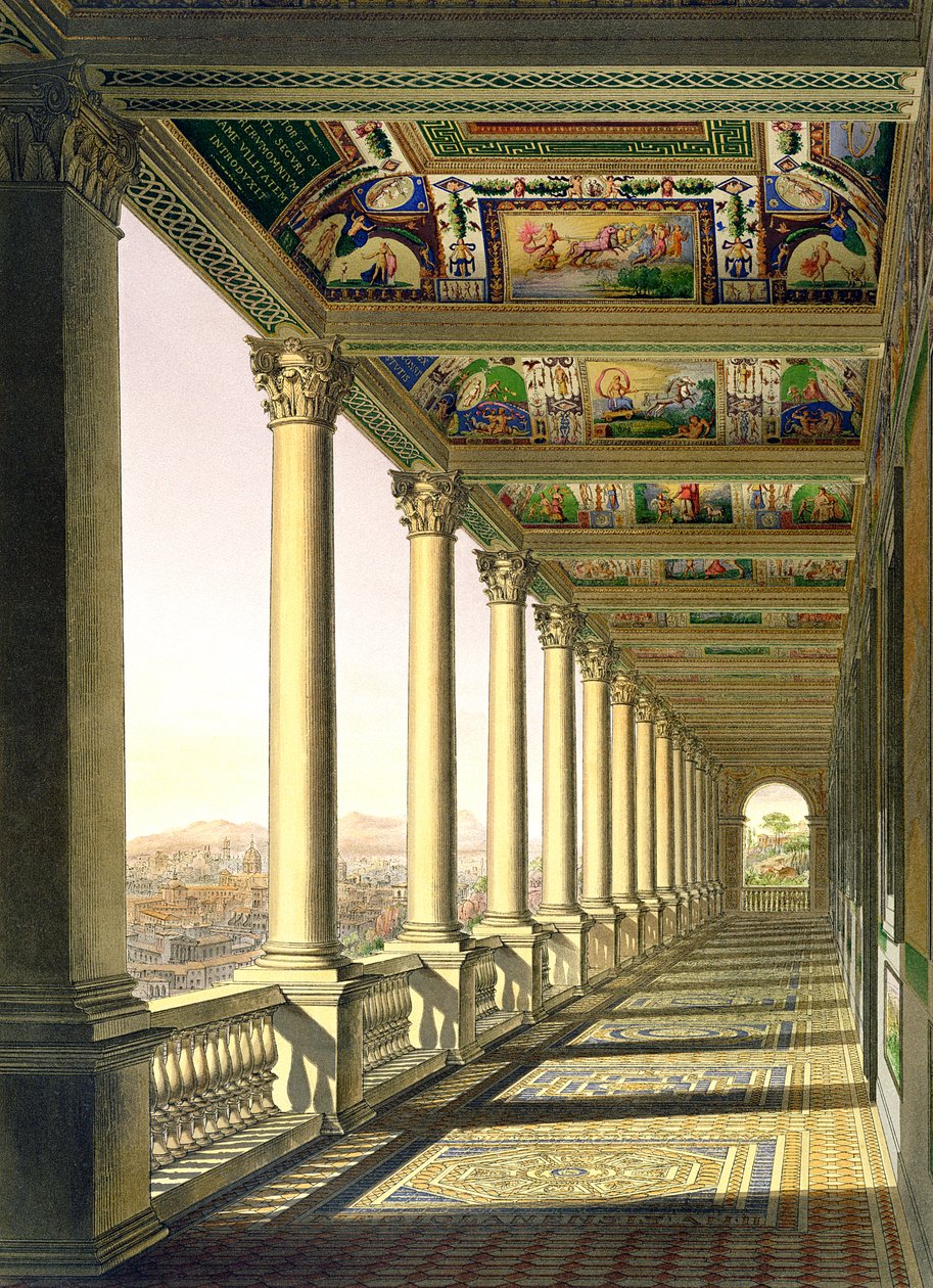 Näkymä Vatikaanin kolmannen kerroksen Loggiasta, Raphaelin koristelu, Delle Loggie di Rafaele nel Vaticanosta, julkaistu irtolehtenä vuoden 1814 painoksessa (käsinvärinen kaiverrus) tekijältä Italian School