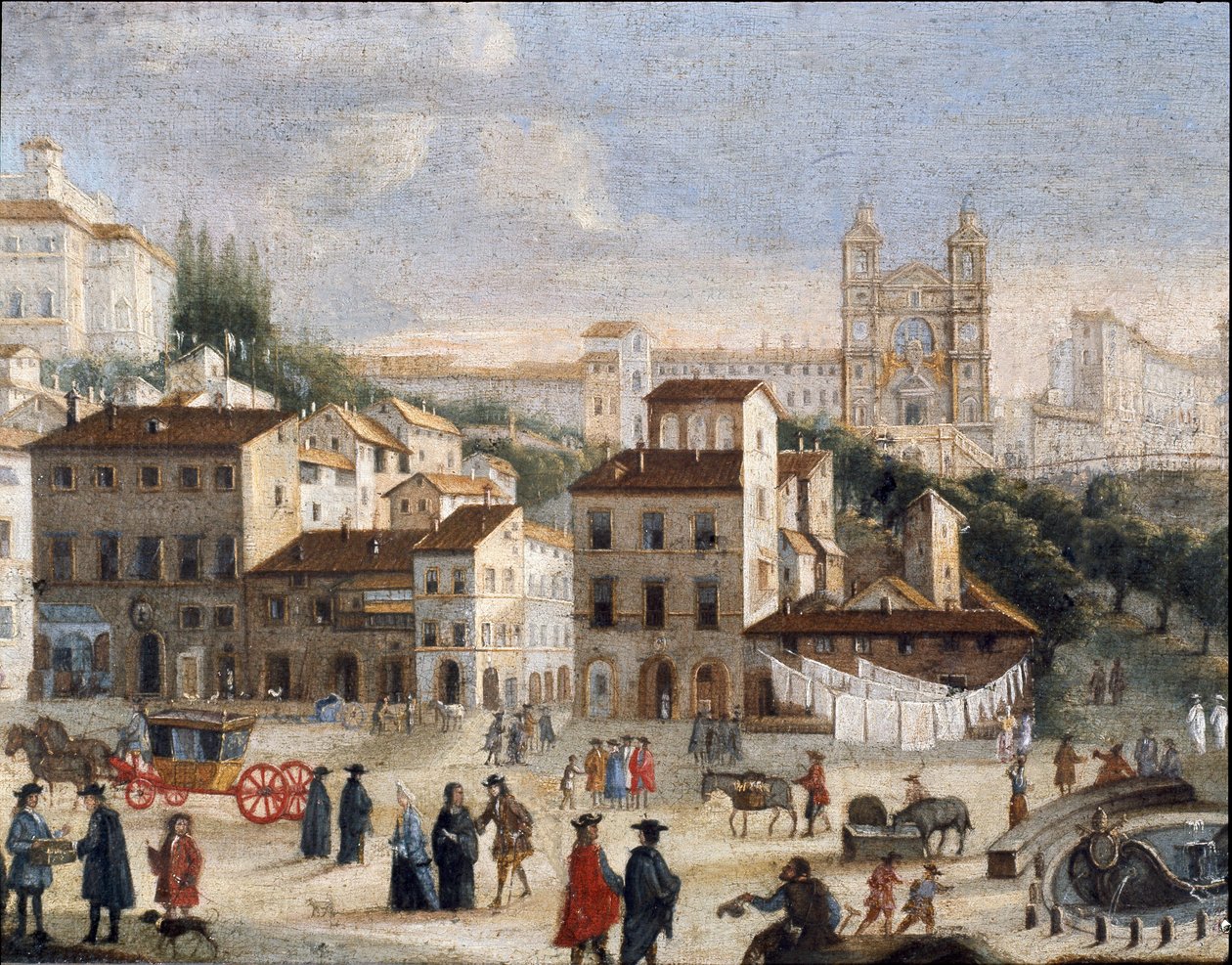 Näkymä Espanjan aukiolle ja Pyhän Kolminaisuuden kirkolle Roomassa - 1600-luku (maalaus) tekijältä Italian School