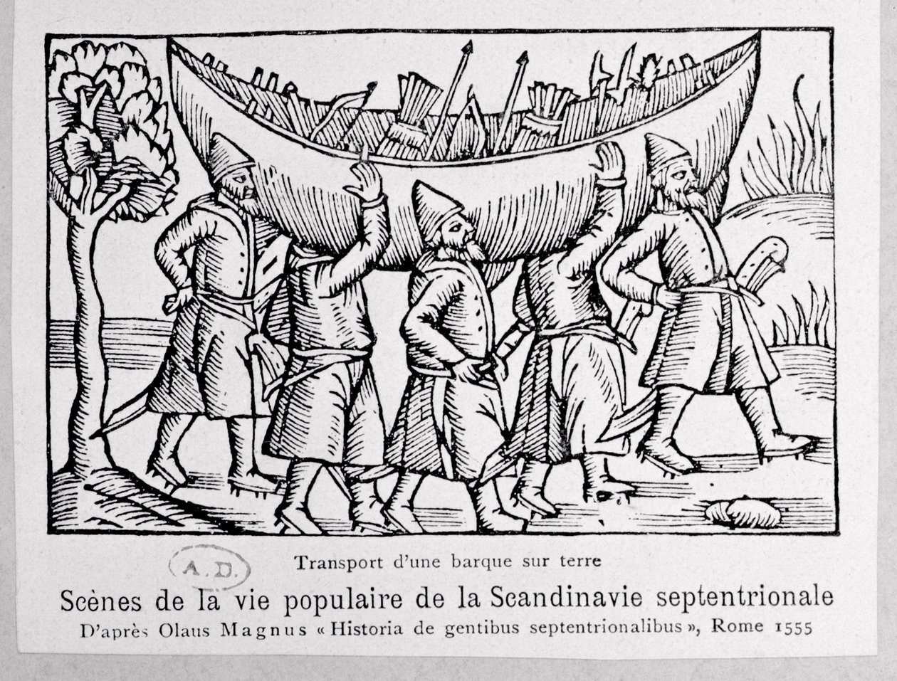 Viikingit kuljettamassa venettä Venäjälle, kuvitus Olaus Magnuksen (1490-1558) teoksesta Northern Nations History, julkaistu Roomassa, 1555 tekijältä Italian School