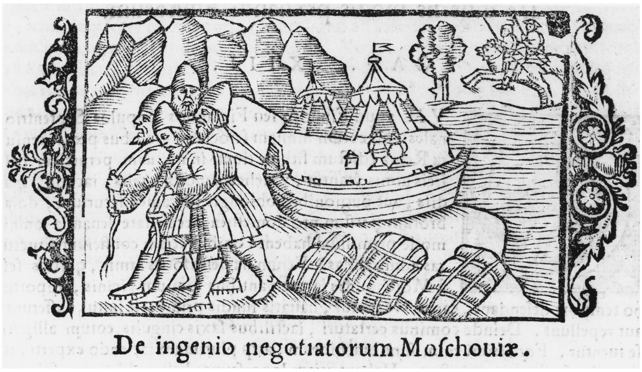 Viikingit kuljettamassa venettä Venäjälle, kuvitus Olaus Magnuksen (1490-1558) teoksesta Northern Nations History, julkaistu Roomassa, 1555 tekijältä Italian School