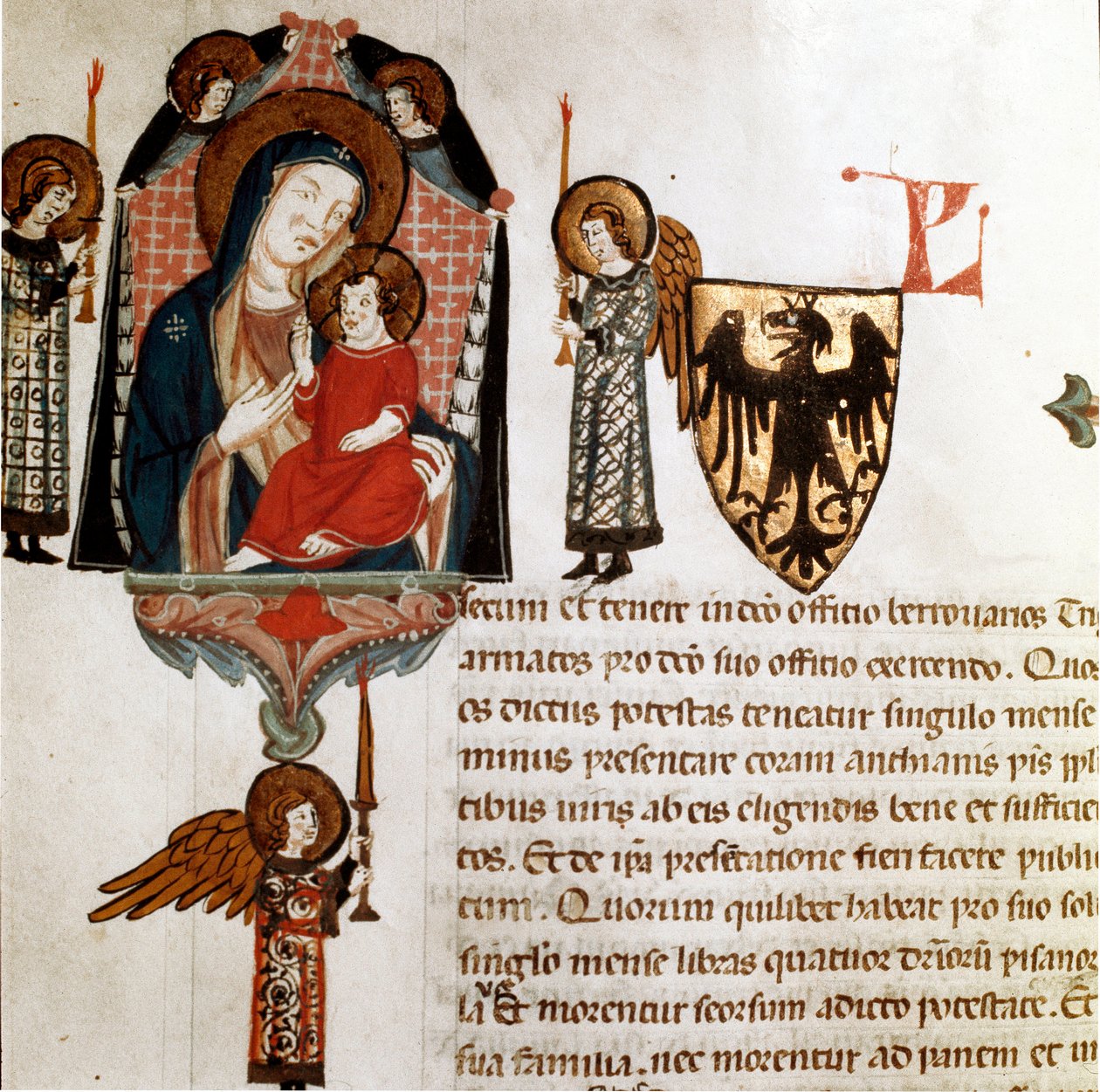 Neitsyt ja lapsi yksityiskohdat. Miniatyyri otettu "" Short Populi et Compagniarum Pisani Communis "":sta (Pisan kaupungin perussääntö) 1300-1308 Pisan osavaltion arkisto tekijältä Italian School