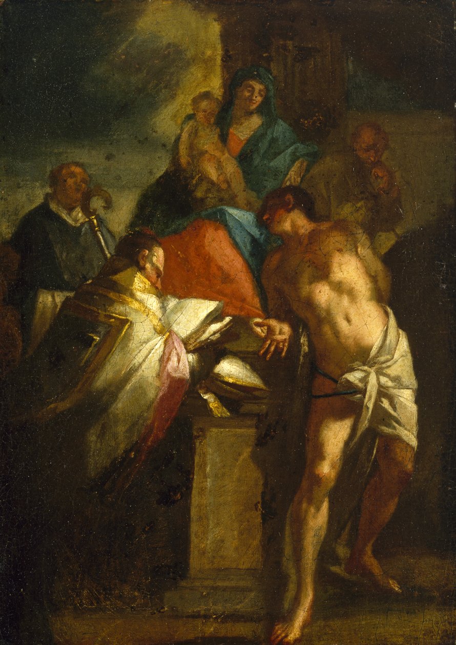 Neitsyt ja lapsi Pyhän Sebastianin ja piispan pyhän kanssa, 1600-luku tekijältä Italian School