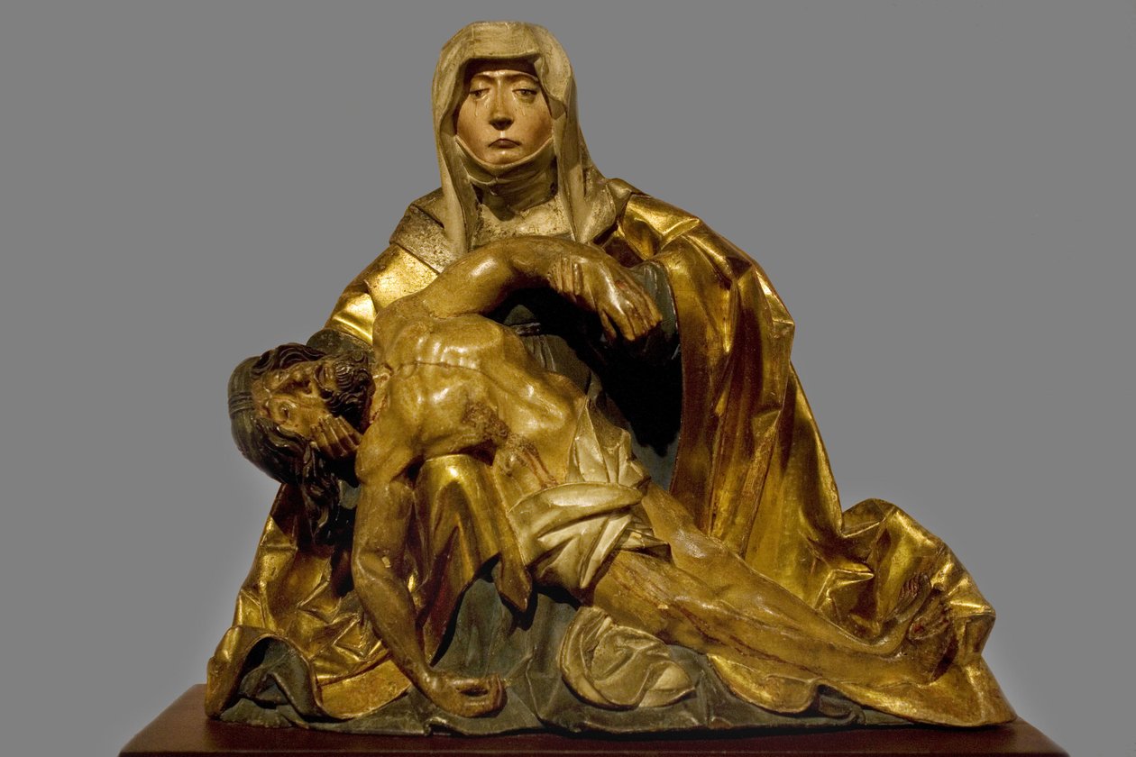 Armon neitsyt Kristukselle, joka kuoli noin 1510-1520, Etelä-Tirolin alue, Predelle-veistos maalatusta ja dore-puusta, säilytetty Musee Bonnat de Bayonnessa. Selvan valokuvaus, 2008. tekijältä Italian School