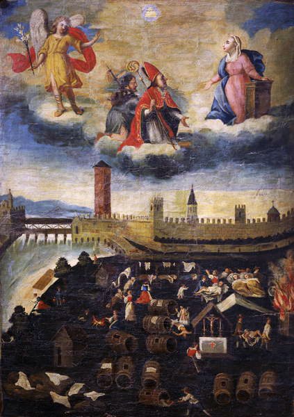 Votiivibanneri, joka kuvaa Trenton ruttoa vuonna 1636 tekijältä Italian School