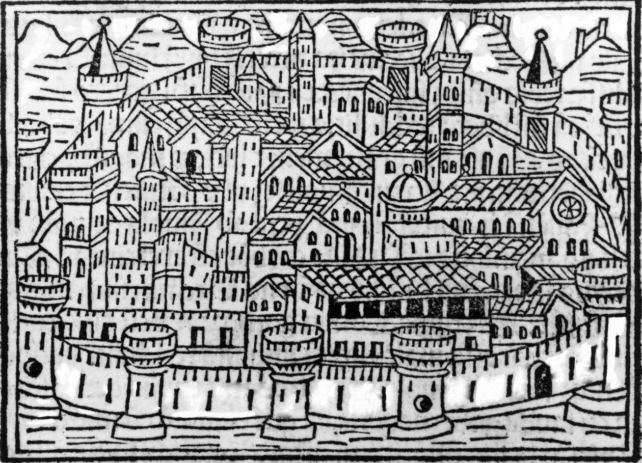 Muurien ympäröimä kaupunki Giacomo Filippo Forestin Supplementum Chronicarumista, 1506 tekijältä Italian School