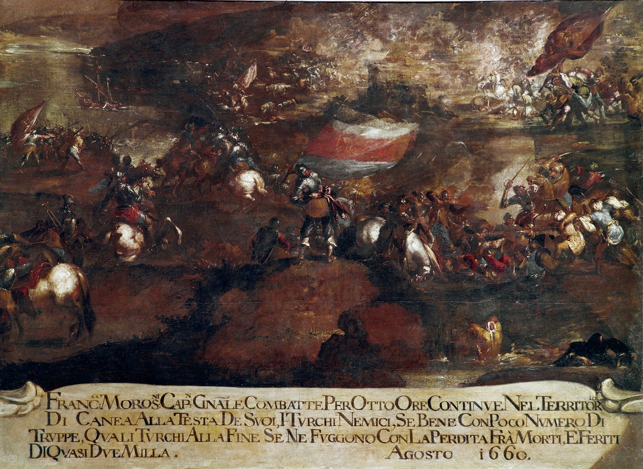 Candian sota (Kreeta): "" Francesco Morosinin (1619-1694) johtama Hanian taistelu elokuussa 1660" (Kreetan sota (1645-69): Francesco Morosinin johtama Canean hyökkäys elokuussa 1660) Maalaus Venetsialainen koulu tekijältä Italian School