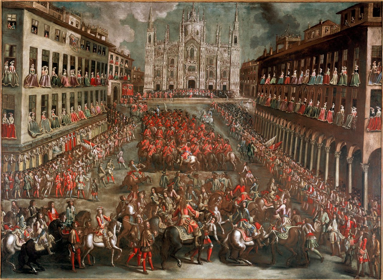 Espanjan peräkkäissota: "" Juhlat, jotka järjestettiin prinssi Eugenio di Savoian (1663-1736) Milanoon tulon kunniaksi voittoisan armeijan johdossa Torinon taistelun jälkeen 24.9.1706" (juhla Piazza Duomolla Milanossa voittajalle tekijältä Italian School