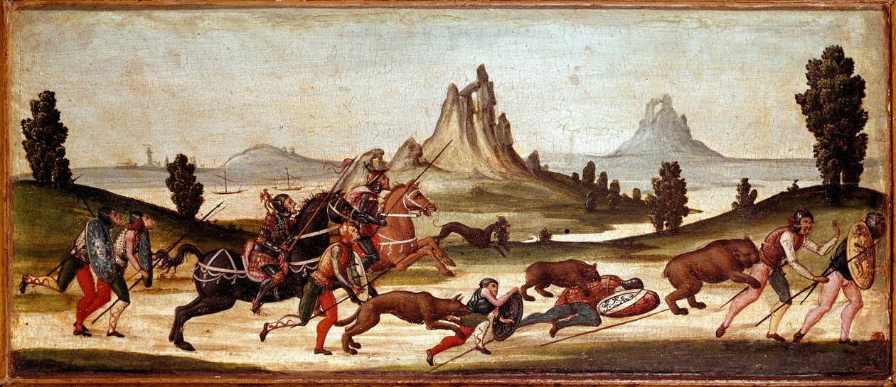 Wildlife Hunting Scene Eläimet purevat metsästäjiä. Sieneselaisen koulun maalaus. 1400-luvun Firenze, Museo Nazionale del Bargello tekijältä Italian School