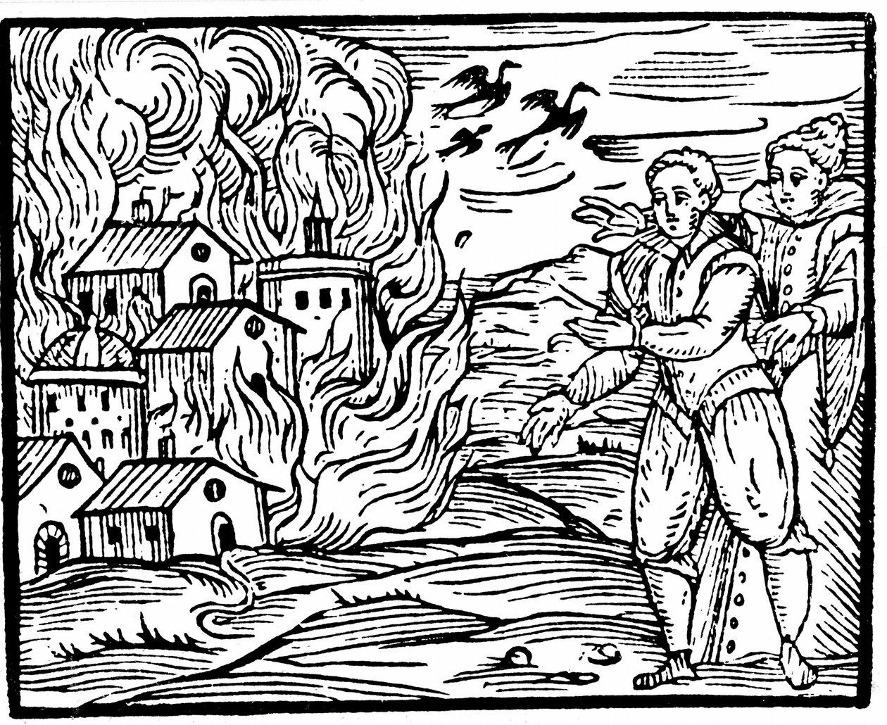 Noidat tuhosivat taloa tulipalossa, Swabia vuonna 1533, kuvitus Francesco Maria Guazzon Compendium Maleficarumista, 1608 tekijältä Italian School