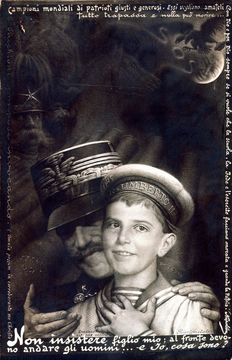 Ensimmäinen maailmansota: sotilaallinen tunkeutuminen Italian armeijaan: Emmanuel III pitelee prinssi Umbertoa (painettu kortti). tekijältä Italian School