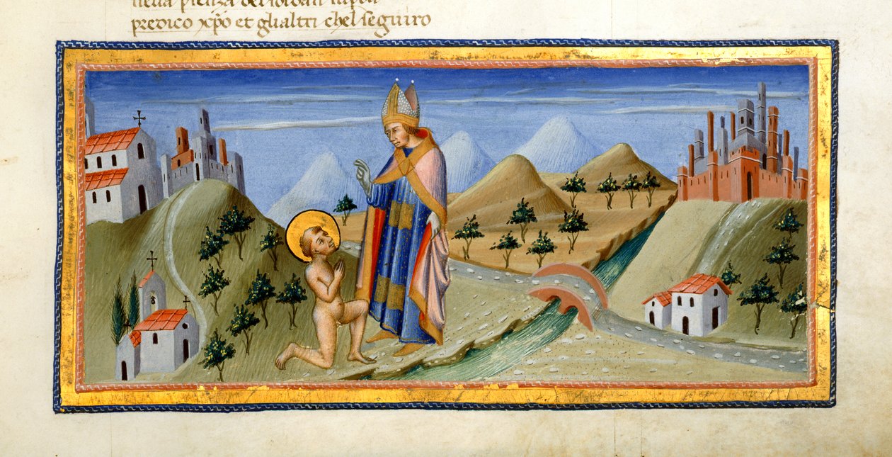 Yates Thompson 36, f.149, Pyhän Franciscuksen alaston hahmo saa Assisin piispan siunauksen Dante Alighierin "Divina Commediasta", n. 1444-50 (vellum) tekijältä Italian School