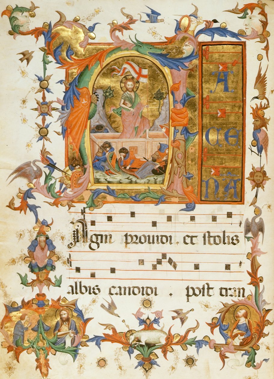 f.80v Ylösnousemus, Pyhän Vapahtajan luostarin laulukirjasta, Siena 1415 (vellum) tekijältä Italian School