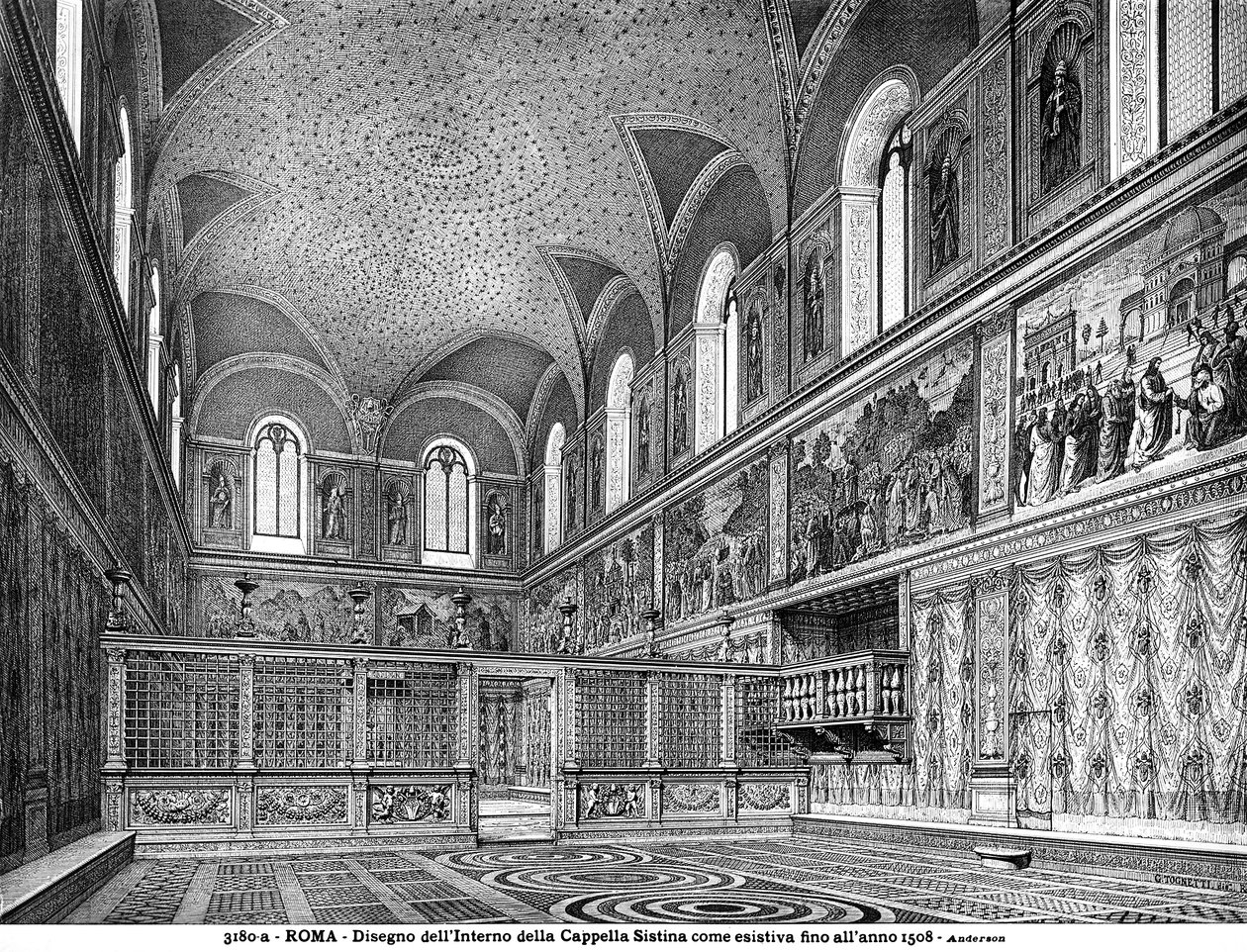 Piirustus Sikstuksen kappelin sisätiloista ennen kunnostusta vuonna 1508 tekijältä Italian School Italian School
