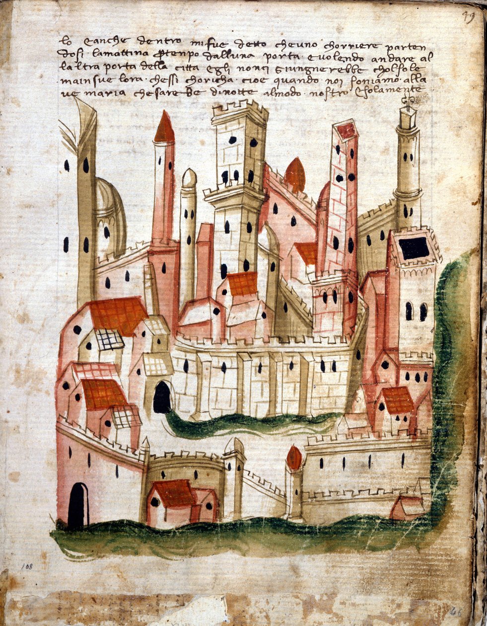 Näkymä Jerusalemin kaupunkiin, Niccolo da Poggibonsin Libro dOltramaresta (kynä & muste ja tempera perunakalvolla) tekijältä Italian School Italian School