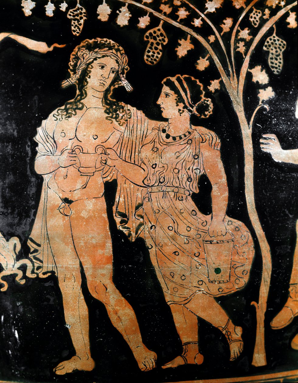 Yksityiskohta maljakosta Ruvosta Pugliassa (Puglia) kuvaa paria nuorta avioparia. He pitävät kädessään kuppia viiniä. 4. vuosisadalla eaa. Museo Archeologico Nazionale Napoli tekijältä Italic