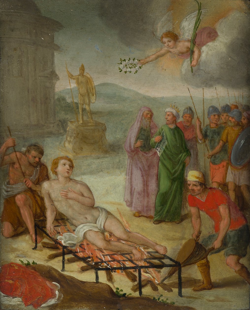 Pyhän Laurentiuksen marttyyrikuolema, n. 1600-1699 (öljy kuparille) tekijältä Italo Flemish School
