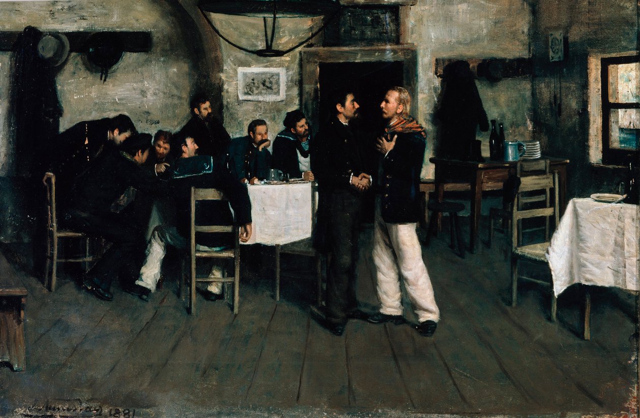 Giuseppe Garibaldin (1807-1882) ja Giovanni Battista Cuneon (1809-1875) tapaaminen Taganrogissa, Mustanmeren satamassa vuonna 1833, Italo Nunes Vais (1860-1932) tekijältä Italo Nunes Vais