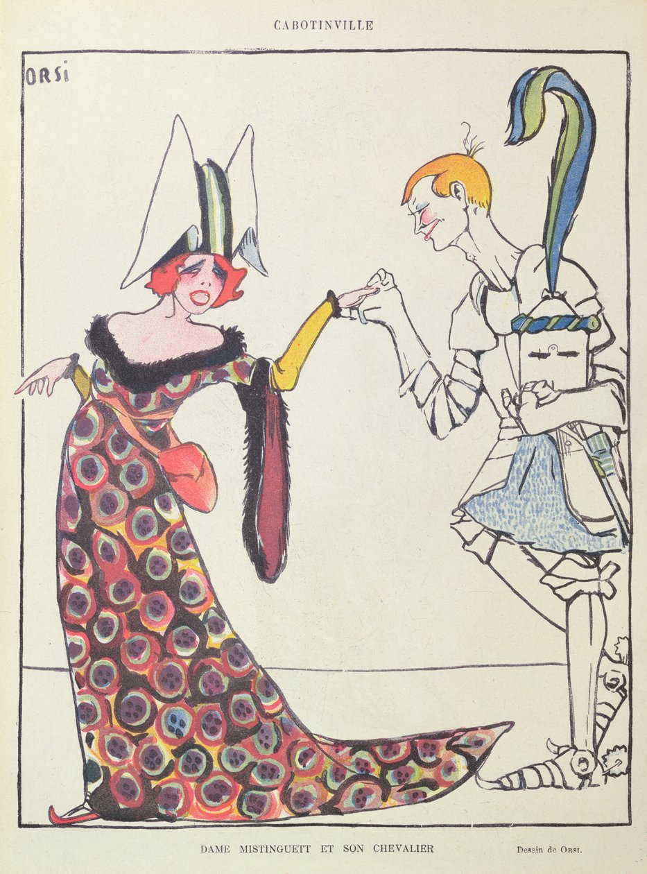 Mistinguett (1875-1956) ja hänen ritarinsa, karikatyyri Le Riresta tekijältä Italo Orsi