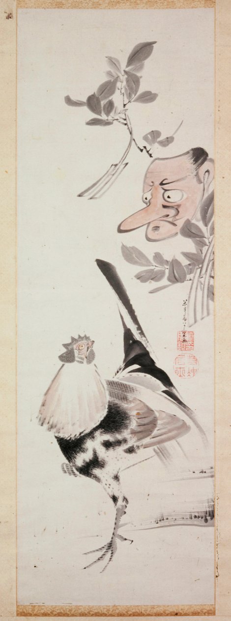 Cockerel and Tengu-Mask, n. 1775 (muste ja vaalea väri paperille) tekijältä Ito Jakuchu