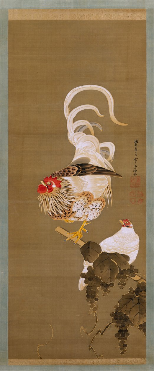 Kana ja kukko viiniköynnöksen kanssa, 1792. tekijältä Ito Jakuchu
